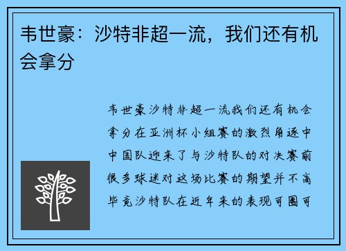 韦世豪：沙特非超一流，我们还有机会拿分
